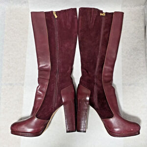 BCBGMAXAZRIA Burgundy Leather Suede Knee High Platform Boots Size 9.5 B Brazil